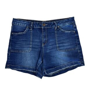 Royalty For Me MidRise Denim Shorts Size 14 Blue Stretch Frayed Hem Patch Pocket